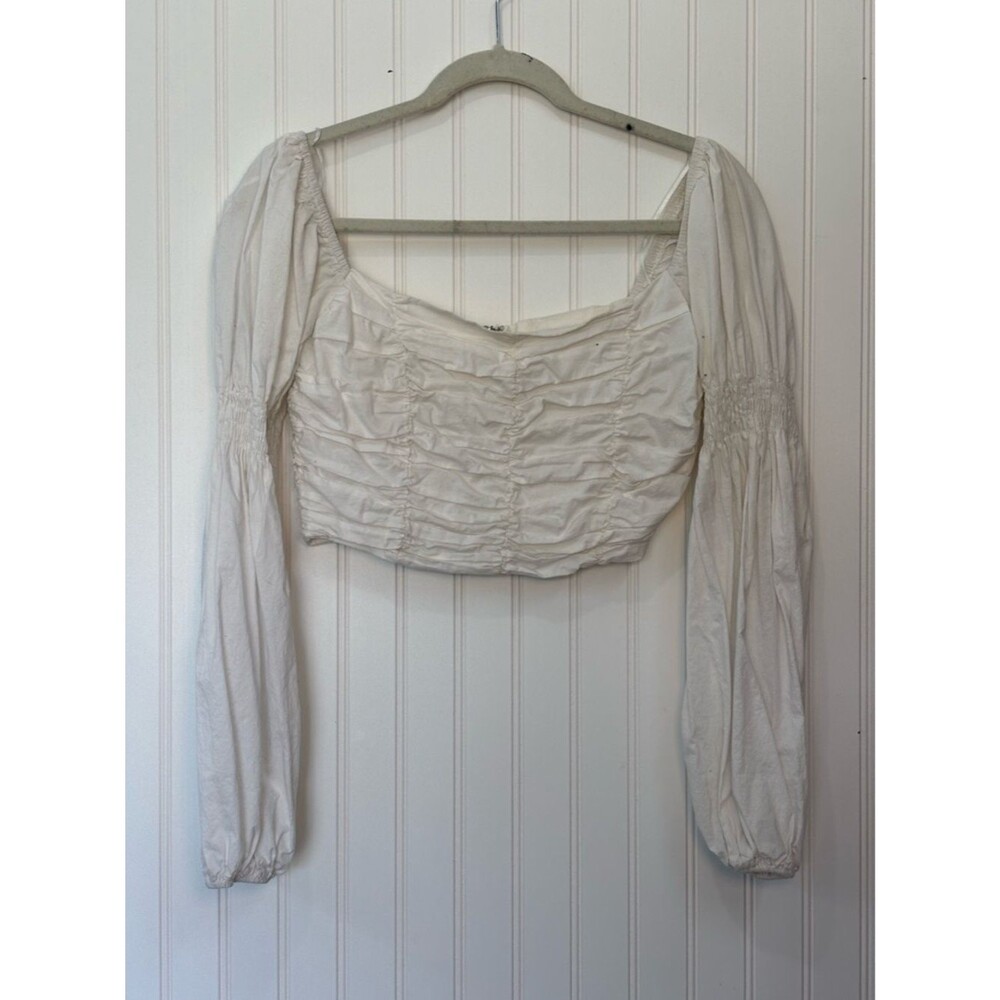 Beige botany White Ruched Long-Sleeve square neck cotton Crop Blouse